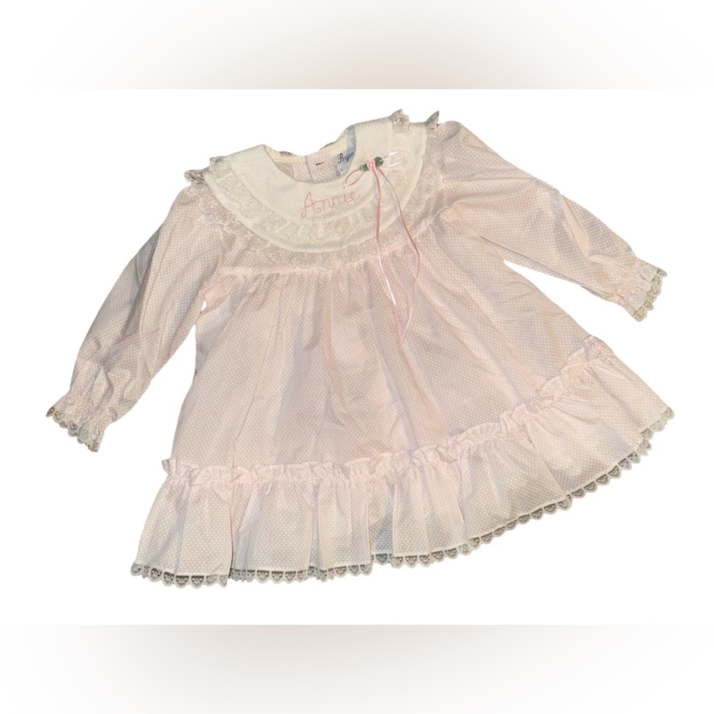 VTG Victorian Bryan‎ Pink Dress White Lace Polka Dots Frilly Ruffle stitch ANNIE